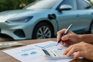 Hands calculating costs with charts and a sleek electric car charging in the background, symbolizing electric car financing decisions.