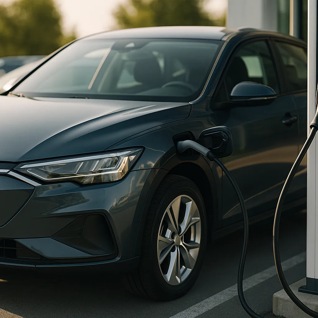 Modern electric car plugged into a charging station in an urban setting, representing sustainable choices in electric car financing.