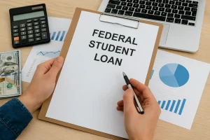 Person reviewing financial documents, calculator and charts on desk, representing federal student loan forgiveness process.
