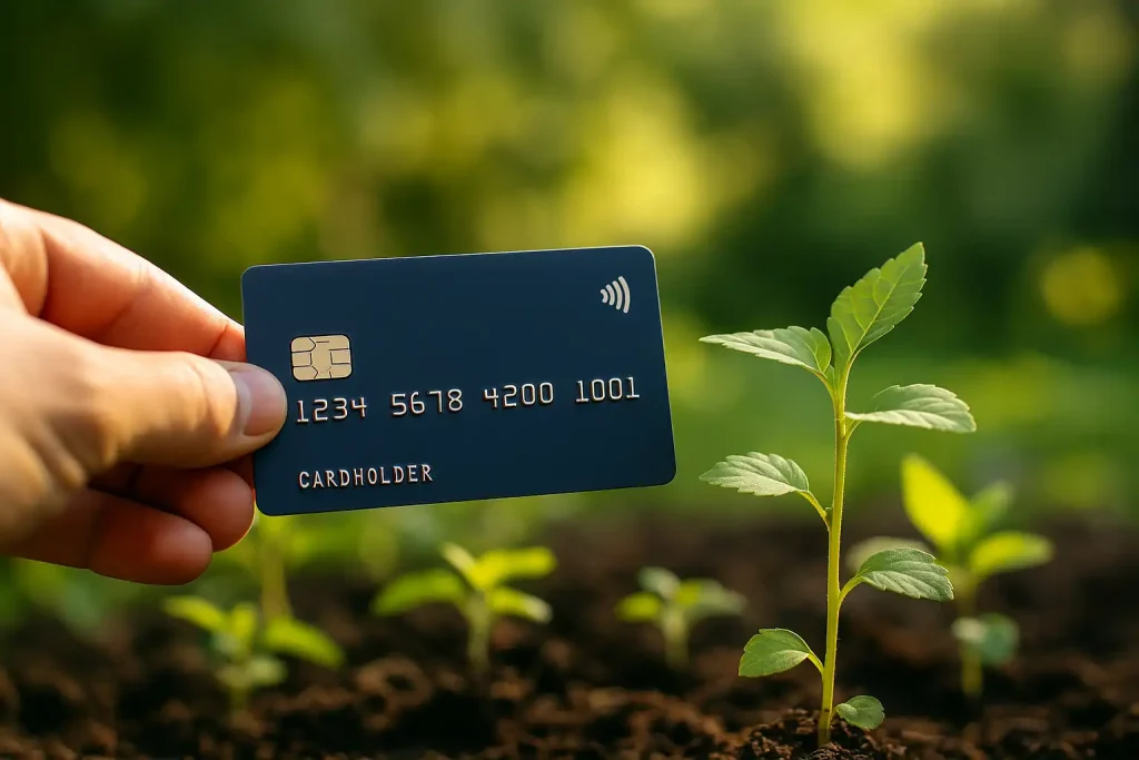 A hand holding a blue sustainable credit card above small green plants growing in soil, symbolizing eco-friendly finance.
