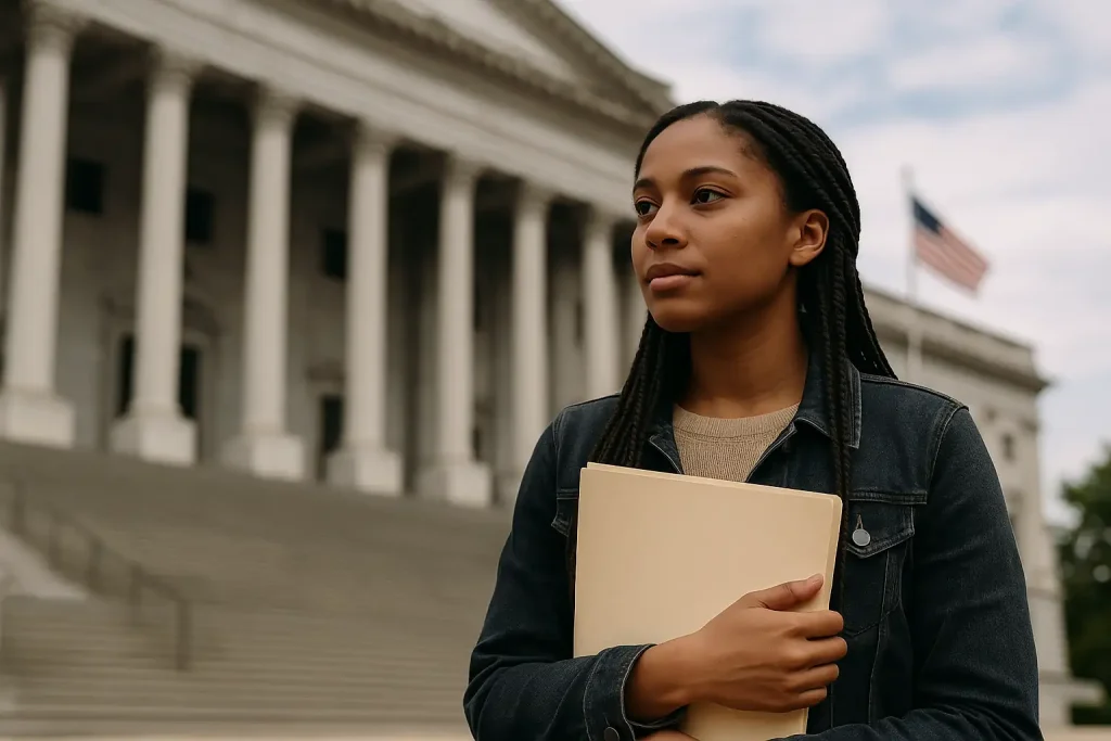 Young woman standing outside a government building holding a folder, symbolizing access to federal student loan forgiveness opportunities.