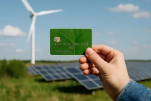 A person holding a green sustainable credit card in front of solar panels and a wind turbine, representing renewable energy and ethical finance.