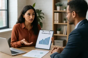 Entrepreneur presenting a business plan to an investor in a modern office, illustrating funding in the US without collateral.