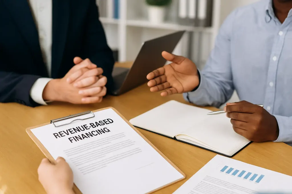 A business owner meeting with an investor, discussing revenue-based financing documents and charts in a professional setting.