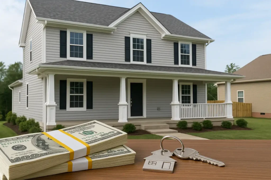 Stacks of money and house keys in front of a suburban home, symbolizing bridge loans for buying a new property in the US.