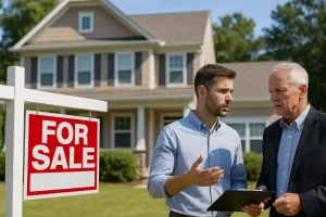 Real estate agent discussing a home for sale with a client, representing bridge loans as a financing option for homebuyers in the US.