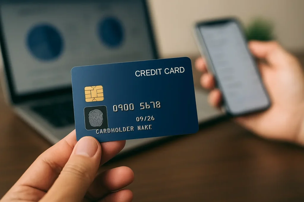 Close-up of biometric credit cards featuring fingerprint scanner and chip, with consumer using smartphone and laptop in the background.
