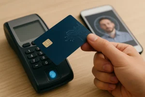 Realistic scene of a person using credit cards with biometric authentication on a modern payment terminal, highlighting security and innovation.