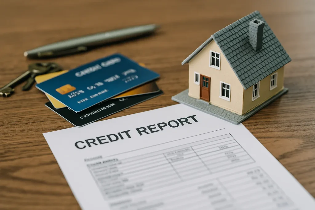 Realistic still life with credit cards, a small model house, and financial documents symbolizing credit score building for homeownership in the US.