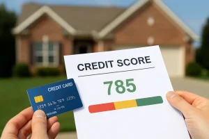 Person holding a credit card and credit score report in front of a house, representing the impact of credit cards on building a credit score to buy a home in the US.