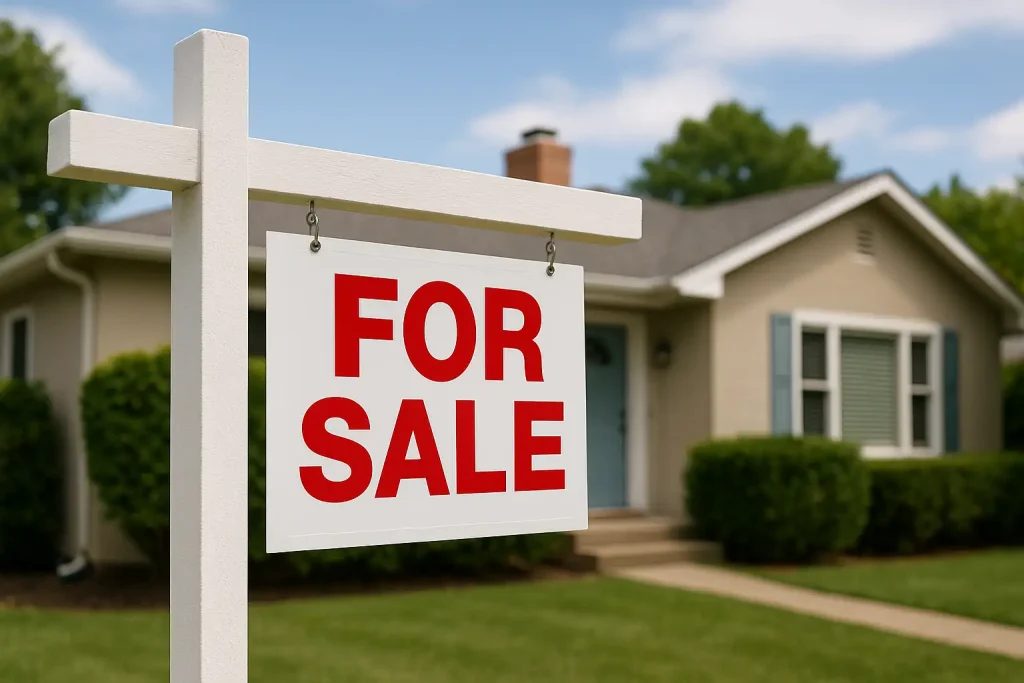 Real estate sign in front of a suburban house symbolizing opportunities for first-time homebuyers through state programs.