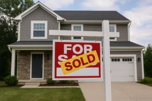 Sold sign in front of a newly purchased suburban home representing success for first-time homebuyers using state assistance.