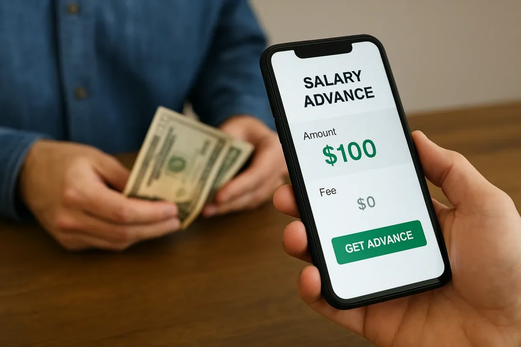 Close-up of salary advance apps interface on a smartphone while handling cash, representing quick access to earned wages and financial safety.