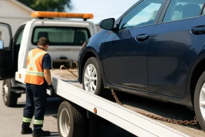 “A car being repossessed by a tow truck, illustrating the risks of title loans and vehicle loss.”