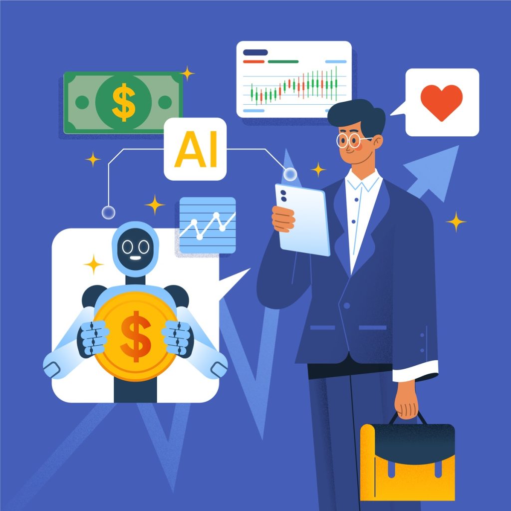 Illustration of a businessman holding a tablet surrounded by AI-related icons, including a robot holding a coin, financial graphs, a dollar bill, and a heart symbol, representing artificial intelligence in finance and data analysis.