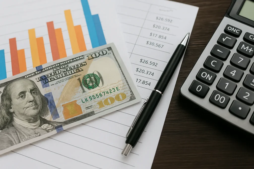 Close-up view of financial planning tools including U.S. dollar bills, graphs, and a calculator on a wooden desk, representing state tax cuts 2025 and their financial impact.