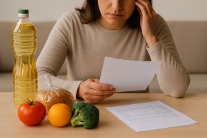 Person seated at a light wooden table analyzing a household bill, with a focused expression. In the foreground, basic foods such as a tomato, an orange, broccoli, brown sugar, and a bottle of cooking oil are arranged simply, representing essential everyday costs. The soft lighting and neutral setting reinforce the theme of finances planning and the impact of inflation on food and energy.