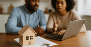 Couple discussing a home loan on a laptop, with a model house and keys on the table.