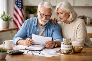 An elderly couple in the United States reviewing financial documents together at a kitchen table, symbolizing financial planning for late retirement. The image shows a man and a woman analyzing papers with focused expressions, a calculator, notebooks, and a jar labeled ‘retirement’ filled with coins nearby. An American flag appears in the background, reinforcing the U.S. context, while the scene highlights finances, long-term planning, risks, and adjustments needed for retirement at a later stage of life.