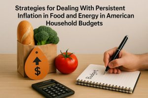 A notebook labeled ‘Budget’ sits on a wooden table as a hand writes with a pen, next to a calculator and a paper bag filled with bread, broccoli, and a tomato. A price-increase icon highlights rising costs, illustrating strategies for managing persistent inflation in food and energy within American household finances.
