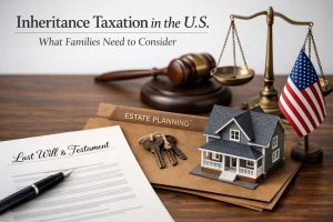 Image illustrating inheritance taxation and estate planning finances in the United States, featuring a last will and testament document, a judge’s gavel, balance scales, a miniature house on estate planning folders, house keys, and an American flag on a desk, representing key considerations families must evaluate when managing inheritance and long-term finances.