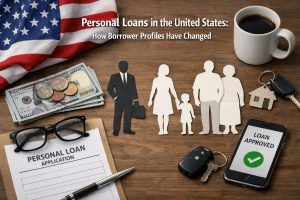 Image illustrating a loan scenario in the United States, featuring a personal loan application form on a desk, stacks of US dollar bills and coins, a smartphone displaying “loan approved,” house keys, a coffee cup, and family silhouette figures, with the American flag in the background, representing how borrower profiles have changed in the personal loan market.