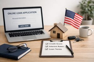 Illustration of an online loan application process in the United States, featuring a laptop displaying a loan application form, a clipboard highlighting credit score, interest rates, and loan terms, a small house model symbolizing property financing, car keys, and an American flag on a desk, representing financial planning and loan decision-making.