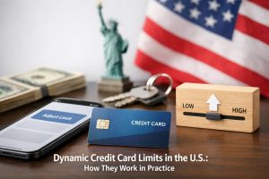 Credit card concept image illustrating dynamic credit card limits in the United States, featuring a blue credit card placed on a desk next to a smartphone displaying a limit adjustment interface. In the background, there are stacks of US dollar bills, a small Statue of Liberty figurine, house keys, and an American flag. A wooden block with a slider indicating low to high symbolizes flexible credit card limits and financial control in the US market.