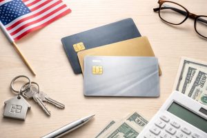 Three credit card designs placed on a desk alongside U.S. dollar bills, a calculator, house keys, eyeglasses, a pen, and an American flag, illustrating how changes in credit card usage in the United States in 2026 can influence credit limits, spending behavior, and financial planning decisions.