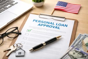 Personal loan approval document on a clipboard placed on a desk with a pen, house keychain, U.S. dollar bills, laptop, eyeglasses, and a small American flag in the background, illustrating what really matters in the personal loan approval process in the United States, including financial stability, documentation, and responsible borrowing decisions.