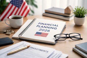 Desk with a “Financial Planning 2026” notebook, U.S. flag, coffee cup, glasses, keys, and investment papers, representing strategic finances planning in the U.S. and how to navigate uncertain economic scenarios in 2026.