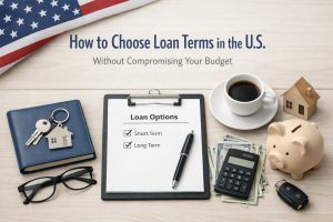 Financial planning scene related to choosing a loan in the United States, featuring a clipboard labelled “Loan Options” with short-term and long-term choices checked, surrounded by a piggy bank, calculator, cash, a notebook with house keys, a small house model, a coffee cup, and the U.S. flag in the background. The composition illustrates how households evaluate a loan and compare loan terms to manage their budget and make responsible financial decisions.