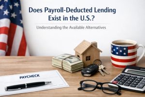 A professional financial-themed image illustrating a payroll-deducted loan concept in the United States. On a wooden desk, there is a paycheck document with a pen, a stack of U.S. dollar bills secured with a band, a small wooden house model symbolizing home financing, car keys, black eyeglasses, and a calculator. In the background, a blurred American flag and a coffee mug decorated with the U.S. flag reinforce the U.S. context. The composition visually represents personal finance, payroll deduction, and loan alternatives related to housing and consumer credit in the American market.