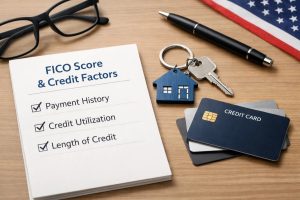 Close-up flat lay image illustrating FICO score and credit evaluation factors in the United States, featuring a checklist titled “FICO Score & Credit Factors” with items such as payment history, credit utilization, and length of credit. On the desk are a stack of credit card plastic cards, house keys with a small house-shaped keychain, eyeglasses, a pen, and a partial U.S. flag in the background, symbolizing financial planning, home ownership goals, and the role of a credit card in determining creditworthiness and borrowing opportunities.