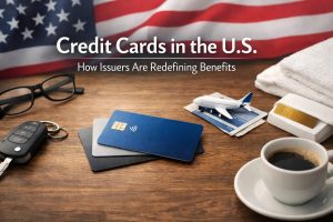A wooden desk scene featuring multiple credit cards stacked in the foreground, with a U.S. flag blurred in the background and text reading “Credit Cards in the U.S. – How Issuers Are Redefining Benefits.” Surrounding objects include a car key, eyeglasses, a cup of coffee, a miniature airplane placed on boarding passes, and a folded towel, suggesting travel, lifestyle, and financial convenience. The composition highlights how credit card benefits are evolving in the United States, emphasizing rewards, mobility, and everyday spending. The setting conveys a modern financial ecosystem where consumers rely on credit card solutions for both practical purchases and aspirational experiences.
