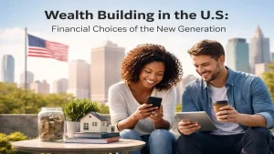 Young couple outdoors in an urban U.S. setting reviewing finances on smartphone and tablet, with coins in a jar and a small house model on a table, symbolizing wealth building, financial planning, and personal finances for the new generation.