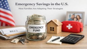 Organized tabletop scene focused on finances: a glass jar labeled ‘Emergency Fund’ filled with cash and coins, next to bills labeled ‘Bills’, a set of house keys with a house-shaped keychain, a small wooden house model, a red first aid kit with a white cross, a notepad with a pen, and a calculator. In the background, a blurred United States flag and a family photo, representing financial planning and household security.