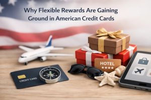 A visually engaging scene illustrating flexible rewards in modern finance, featuring a credit card placed beside a compass, gift boxes, sunglasses, and travel elements such as a model airplane and a hotel card, with a smartphone displaying travel icons in the foreground and a blurred American flag in the background, symbolizing how credit card rewards are increasingly tied to personalized travel and lifestyle experiences.