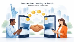 An illustration of two people using smartphones connected through a digital interface, shaking hands across screens with floating coins between them, symbolizing a peer-to-peer loan transaction in the US, with a city skyline and the Statue of Liberty in the background representing modern financial technology and online lending platforms.