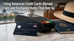 Realistic and minimalist travel finance scene featuring an American credit card and a payment terminal on a marble table. Nearby are a blue passport, a leather suitcase, and a straw hat, with a softly blurred European city view in the background. At the top of the image, bold white text in two lines reads: “Using American Credit Cards Abroad: Fees and Exchange Rates That Add Up.” The composition highlights international travel expenses and credit card usage abroad.