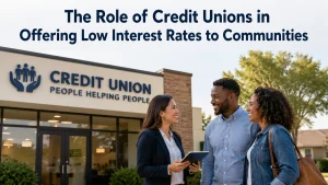 Minimalist and realistic image showing a diverse couple speaking with a financial advisor outside a modern credit union building in the United States. The scene represents community-focused loan services and affordable financial support with low interest rates. At the top of the image, the title “The Role of Credit Unions in Offering Low Interest Rates to Communities” appears in large bold text. The composition is clean, bright, professional, and welcoming, with balanced contrast and sharp details.