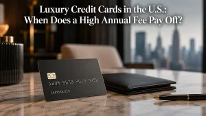 Luxury credit card scene in a modern upscale interior with a generic black credit card standing on a marble table beside a leather wallet and gold-accented pen. A blurred city skyline appears through large windows in the background, creating a sophisticated and minimalist atmosphere. The title “Luxury Credit Cards in the U.S.: When Does a High Annual Fee Pay Off?” is displayed prominently at the top of the image in elegant white typography. The composition conveys exclusivity, premium finance, and lifestyle associated with luxury credit card benefits.