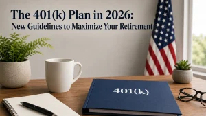 Minimalist and realistic office desk scene with a wooden table, notebook, pen, coffee mug, glasses, and a blue folder labeled “401(k)” in the foreground. An American flag appears softly blurred in the background near a window, creating a professional United States retirement planning atmosphere. At the top left of the image, the headline reads “The 401(k) Plan in 2026: New Guidelines to Maximize Your Retirement” integrated naturally into the scene. Clean composition with balanced lighting and sharp details, ideal for a finances article about retirement planning.